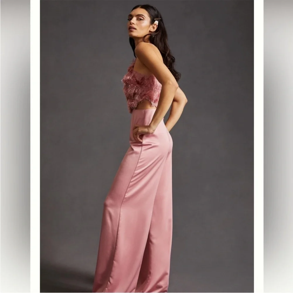 Anthropologie Hutch pink open side feathered jumpsuit, NWT 8 romper wide leg